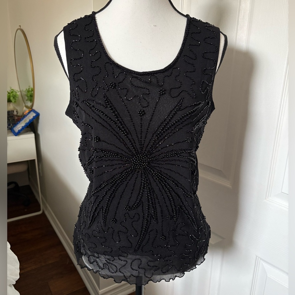 Vintage Y2K Black Beaded Mesh Sheer Tank Top Fairy Grunge Small
